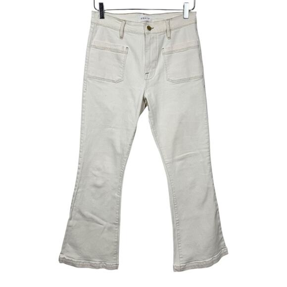 Frame Le Bardot Cropped Flare Leg Jean Ecru 27 Cream Retro Casual Chic Denim - Picture 3 of 10